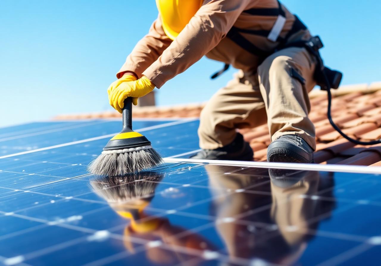 Technician gently cleaning rooftop solar panels with a soft brush and pure water