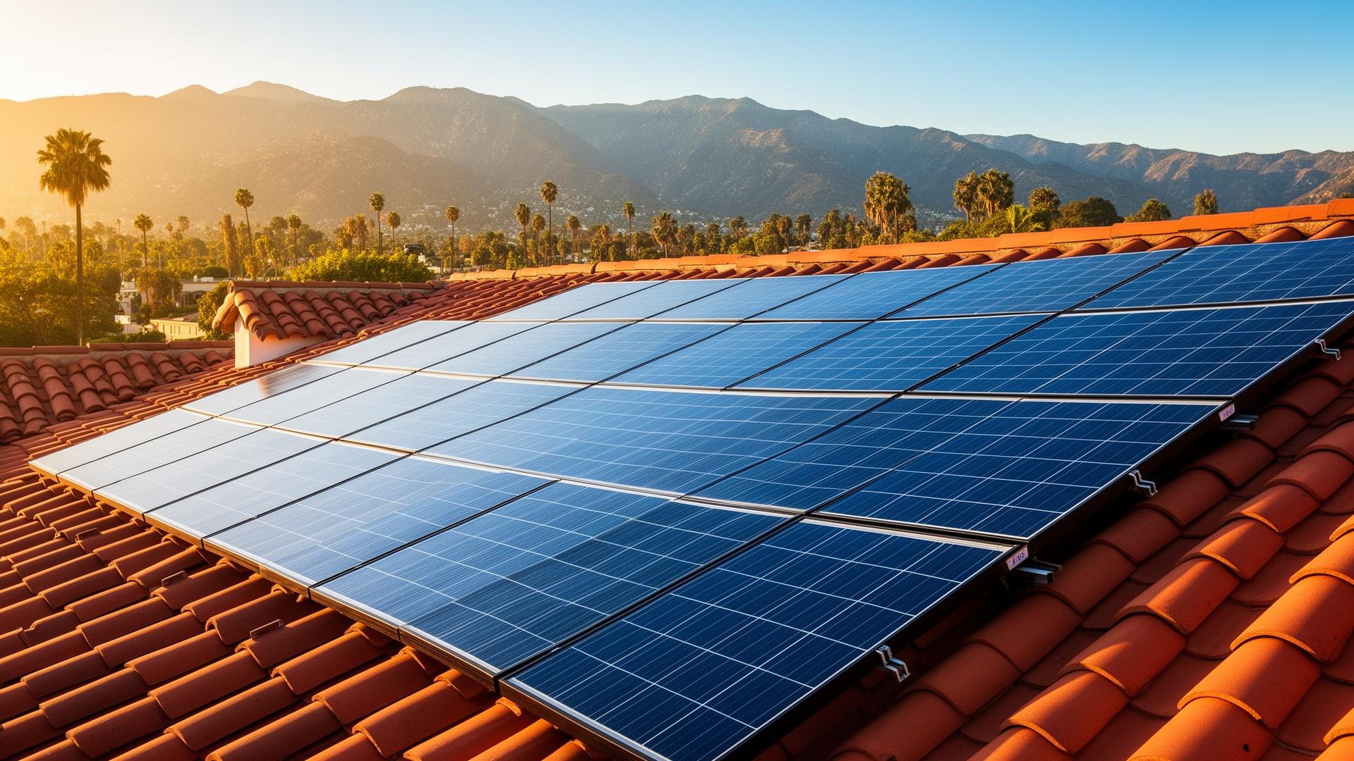 Clean solar panels on a South Pasadena rooftop with the San Gabriel mountains in the distance